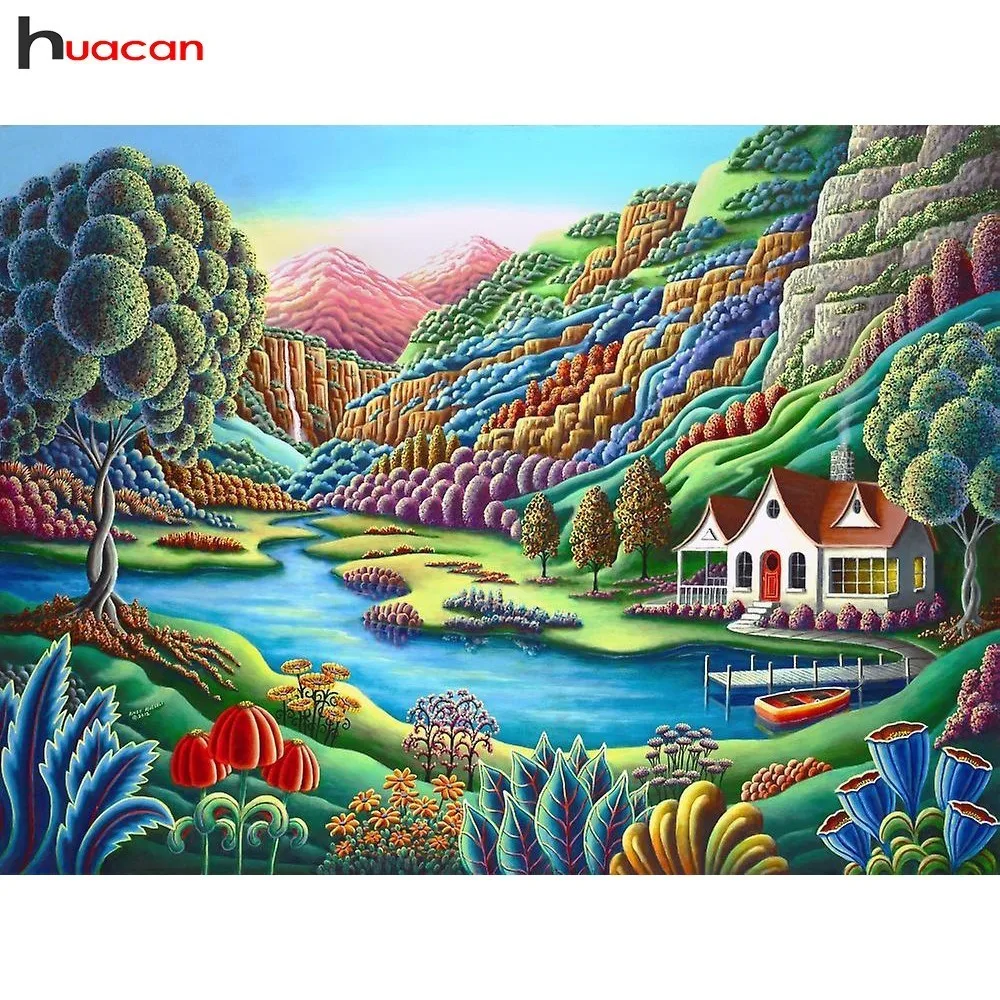 

HUACAN Full Drill Diamond Paintings Landscape Diamond Mosaic House Diamond Embroidery Cross Stitch Picture Of Rhinestones