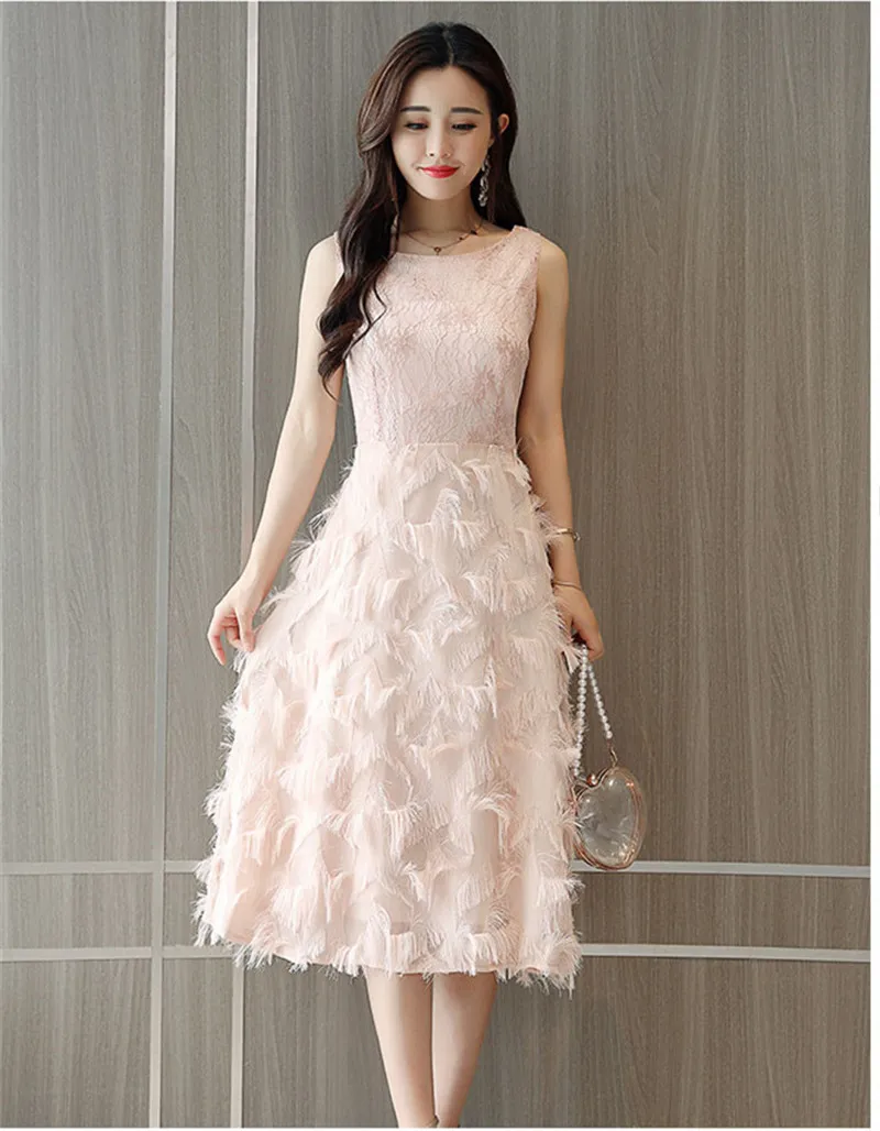 Летнее модное женское сексуальное кружевное платье в стиле пэчворк, элегантное платье, винтажное платье с кисточками и перьями, облегающее вечернее платье без рукавов - Цвет: Розовый
