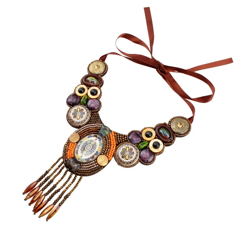 Дизайн, модный винтажный Тибетский нагрудник на кнопке из бисера, подвеска с кисточкой, колье, большое массивное ожерелье, Воротник для женщин