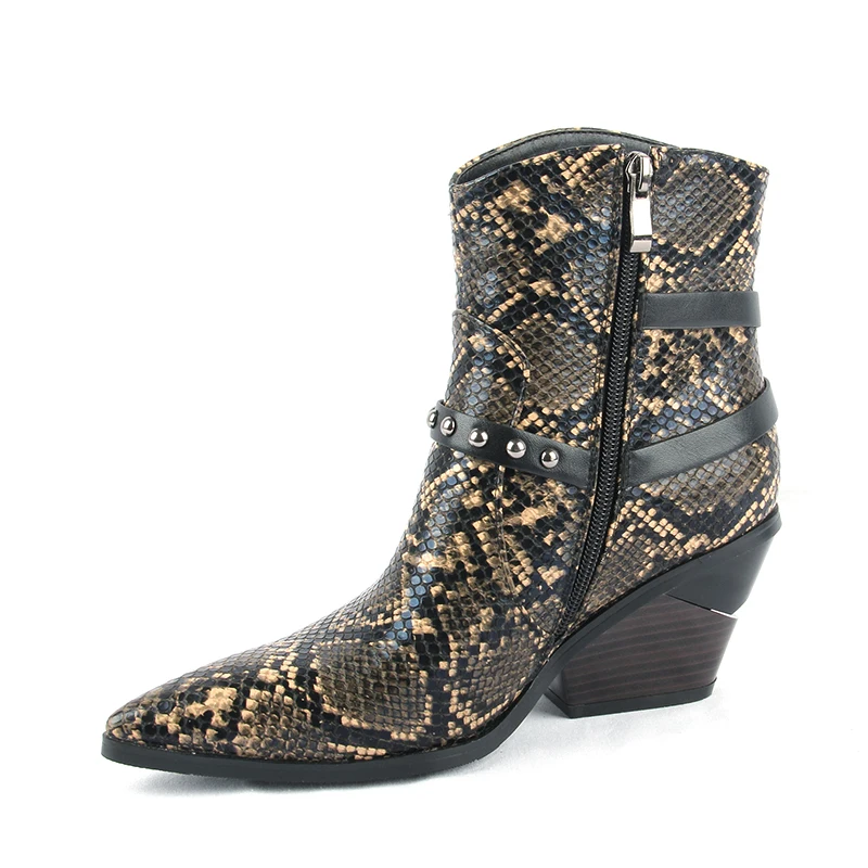 OIAH/ботильоны из змеиной кожи; женские ботинки на танкетке с острым носком и заклепками; женские модные ковбойские ботинки; обувь на молнии; женская обувь; botines mujer