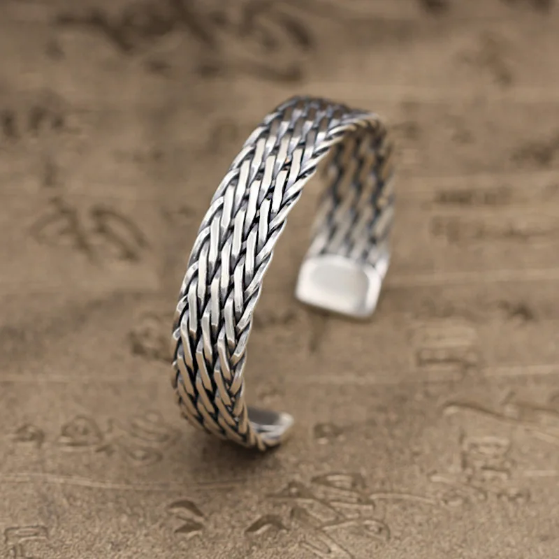 

Solid Sterling Silver 925 Trip Strand Weave Cuff Bangle Bracelet Men Women Simple Design Handmade Thai Silver 925 Jewelry Gift