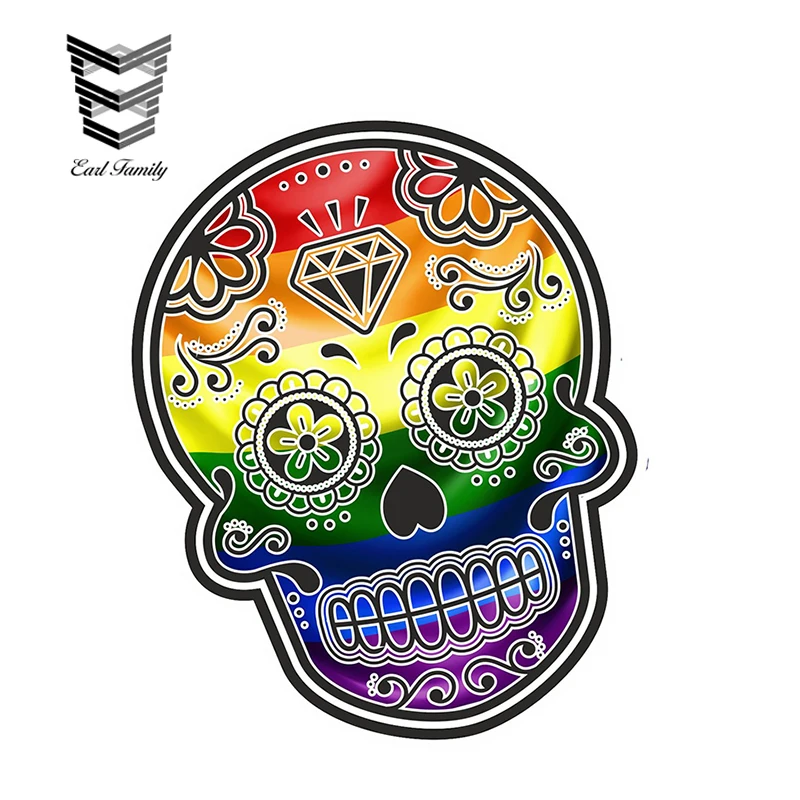 

EARLFAMILY 13cm X 10.7cm Mexican Day of The Dead Sugar Skull with Lgbt Gay Pride Rainbow Flag Motif External Vinyl Car Stickers