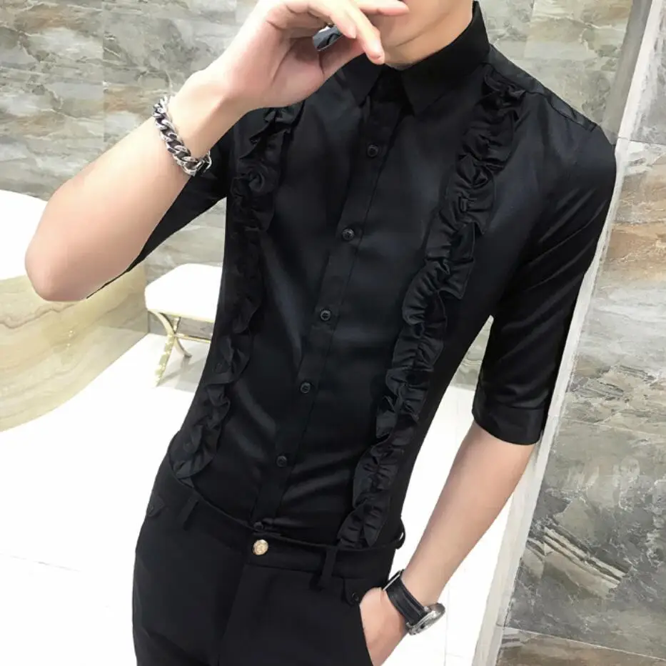 Ruffles Mens Black White Singer Performance Shirts Dress Tuxedo Shirts