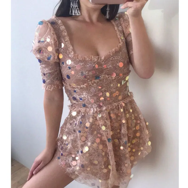 

2019 Fashion Spring Short Sleeve Naked Sequins Mini Dress Women Party Dress
