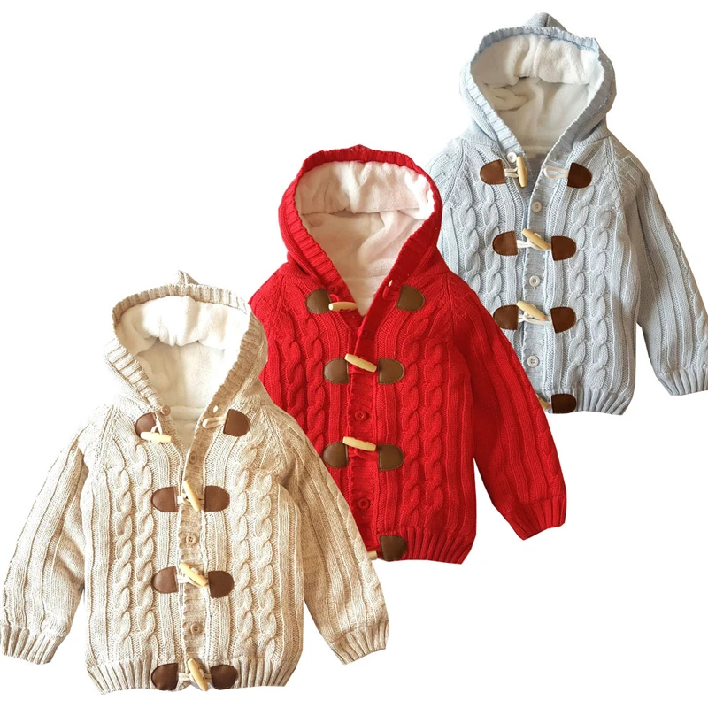 Свитер для маленьких девочек; осенние свитера для маленьких мальчиков; зимний Кардиган с капюшоном и меховым воротником для малышей; вязаная куртка и пальто для маленьких девочек