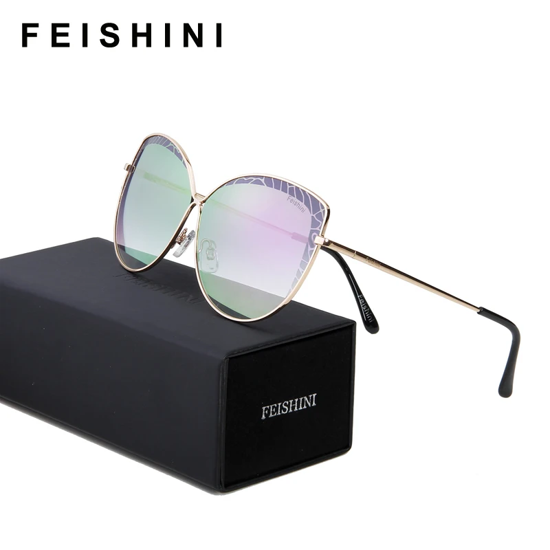 FEISHINI Brand Metal Frame Rose Gold Cateye Sunglasses Ladies Mirror 2019 Fashion Trendy Womens Glasses UV Protector Gradient