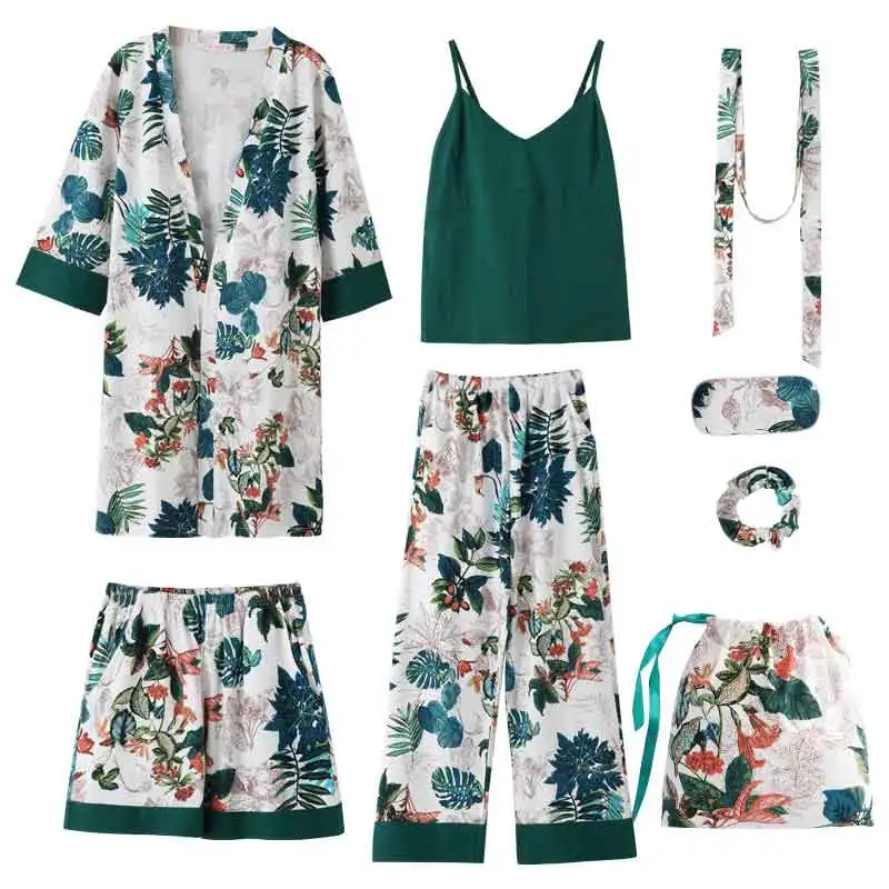 

7pcs home Suit Robe Floral Sexy Pajamas for Women Cotton Plus Size Robe Nightwear Sleepwear Femme Robe Homewear Sleep Lounge