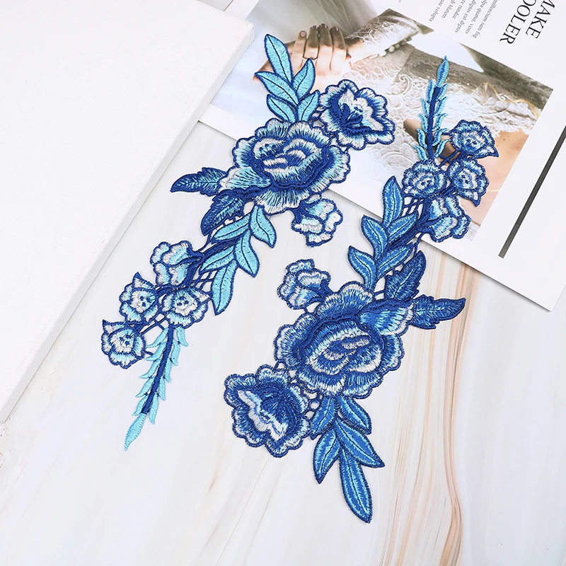 New Ethnic Embroidery Patches Blue Rose Sew-on Applique Flower Neckline Collar For Clothes Decorations