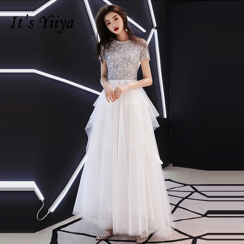 

It's YiiYa Evening Dress 2018 Shiny Sequined O-neck Tiered Pleat Floor-length Dinner Gowns LX1274 A-line robe de soiree