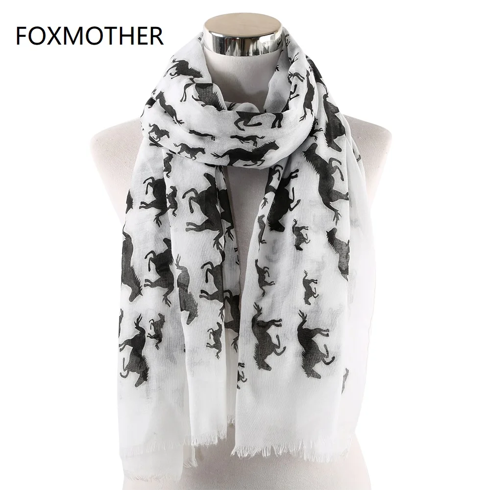 FOXMOTHER белый шарф с рисунком лошади женские шали обертывания Bufanda Mujer животный платок женские шарфы женские весна