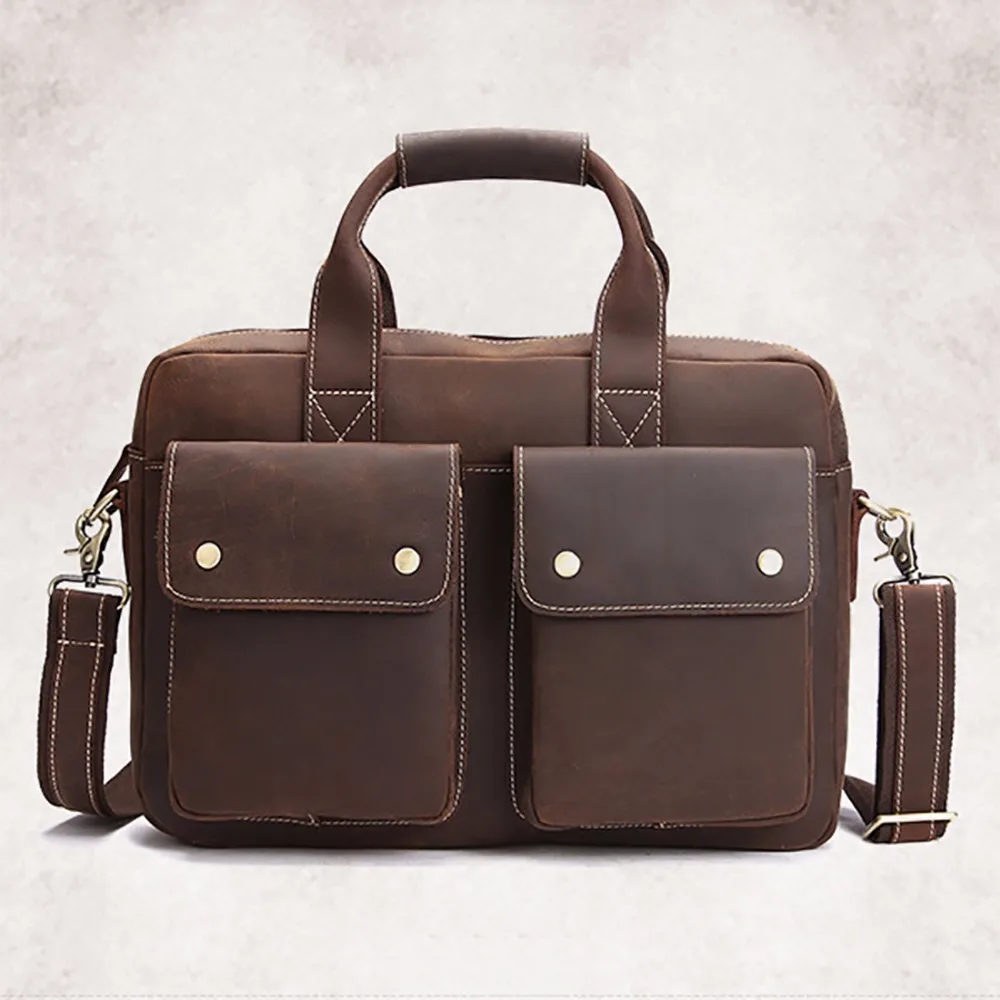 Crazy Horse Cowhide Genuine Leather Briefcase Tote Handbag Cell Phone Case Purse Men Brand Famous Vintage Messenger Shoulder Bag genuine leather men business handbag laptop tote cross body briefcase brand famous crazy horse cowhide messenger shoulder bag