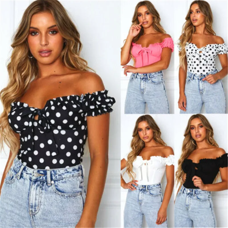 

Women Summer Sexy Ruffles Sleeveless Solid Color And Polka Dot Slash Neck Slim Fit Elegant Tops Shirt S M L XL