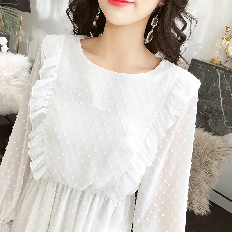 BGTEEVER Ruffles Polka Dot Women Chiffon Dress Elastic Waist Flare Sleeve Female Long Vestidos A-line White Dress