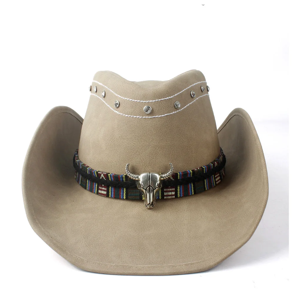 Western Cowboy Cowgirl Leather Hat Wide Brim Hat Bull Head Leather Band