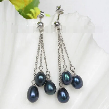 

AAA 9mm Dangle navy blue Freshwater pearls Earrings 925s post j8775^^@^Noble style Natural Fine jewe FREE SHIPPING