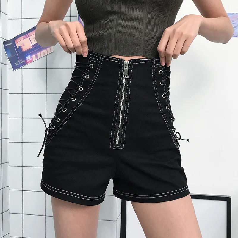 

Vangull 2019 Summer Women Black Shorts Zipper Fly Short Feminino Street wear Side Criss-Cross Lace Up Punk High Waist Shorts