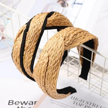 

Bohemian Hairband Summer Straw Weaving Knotted Headwear for Women Cross Handmade Hair Hoop Hairband