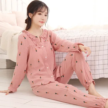 

Cute Long Sleeve Sleeping Pajamas for Women V Neck Lingerie Long Pants Print Pink Loose Nightwear Two Piece Home Wear
