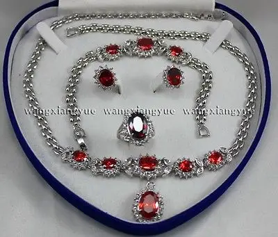 

Red Zircon Inlay Link Bracelet earrings Ring Necklace Set 18K gold plated watch wholesale Quartz stone CZ crystal