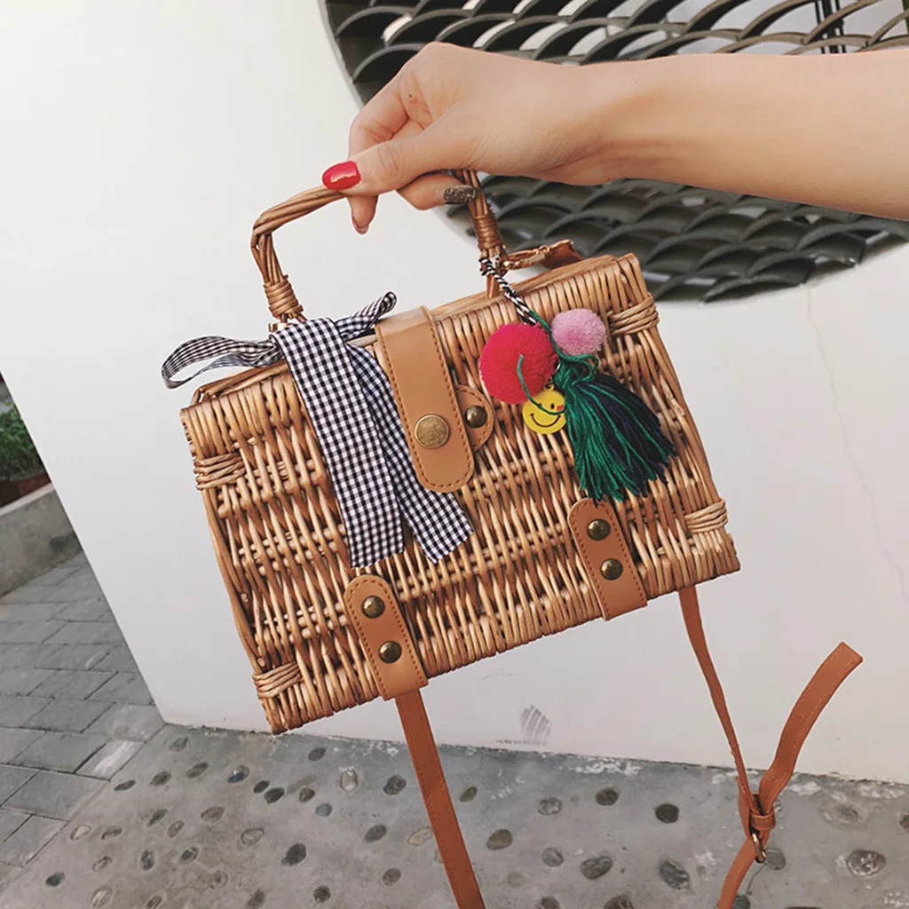 

Woven Bag Women Beach Tassel Smile Bamboo Basket Bucket Bag Square Bag Messenger Bag Sac à bandoulière Femme