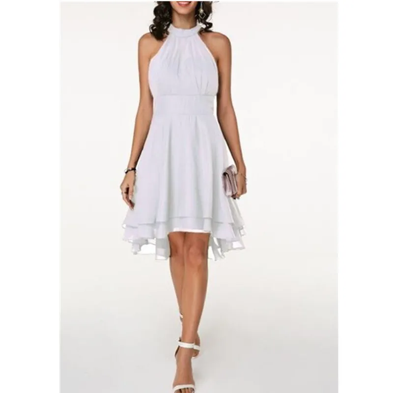 Летнее элегантное шифоновое сексуальное платье без рукавов с воротником на шее с высокой талией нерегулярное однотонное женское платье больших размеров - Цвет: white