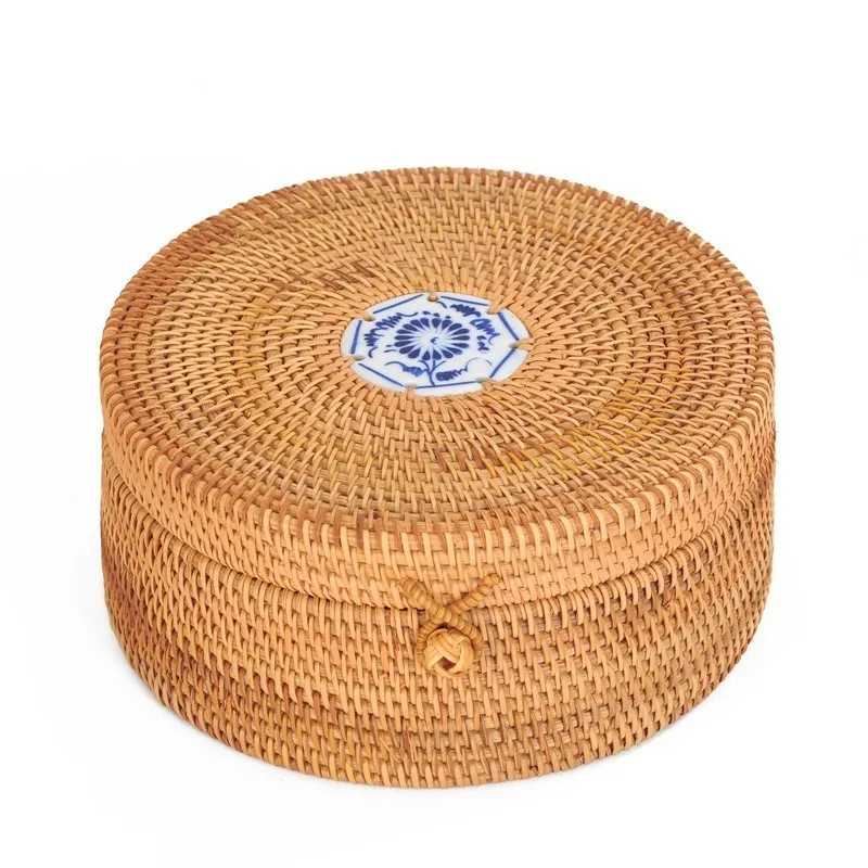 

Handmade Rattan Weaving Storage Box With Lid Jewelry Case Food Puer Tea Cake Organizer Container Creativity Easy Lock Candies