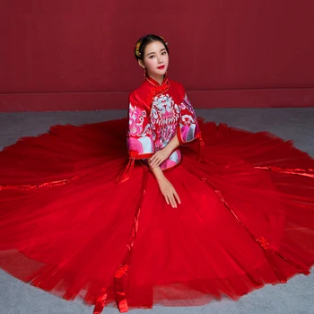 

Arrival New Floor Length Bride Mesh Dress Vintage Women Marriage Cheongsam Suit Embroidery Qipao Vestidos Hanfu Clothing