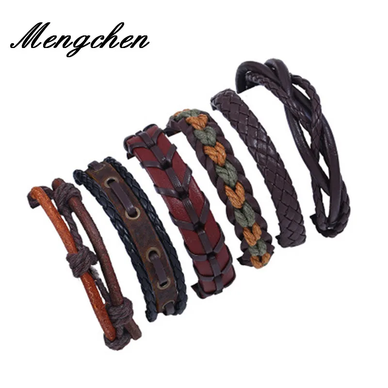 

6PCs/Set Handmade Woven Leather Bracelet Set Multilayer Punk Charm Wrap Hand Bracelet Vintage Bracelets & Bangles Men Jewelry