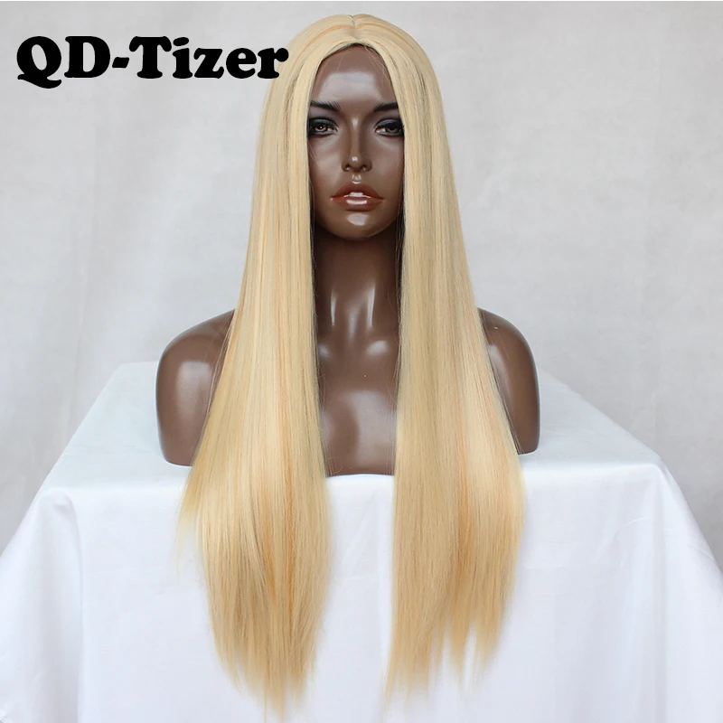 

QD-Tizer Long Straight Blonde Wig Silky Synthetic No Lace Wig Glueless Heat Resistant Hair Soft Halloween Wigs For Black Women