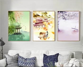 

New Chinese ink freehand drawing mood, landscape living room decorative paintings 3 pieces No Framed