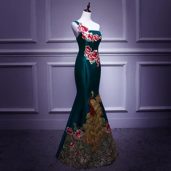 

Drak Green One Shoulder Long Cheongsam Dress Vestidos Chinos Oriental Qipao Evening Gowns Classic Party Dress Size S-XXL
