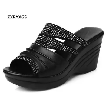 Promotion 2021 Cowhide Rhinestones Shoes Women Leather Slippers Sandals Comfort High Heels Wedges Sandals Summer Fashion Sandals 2
