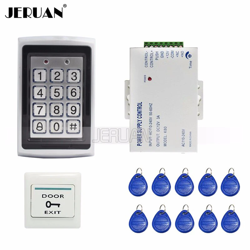 

JERUAN FREE SHIPPING New DIY RFID Keypad Metal RFID Door Entry Access Control Kit + 10 RFID Keys + Power Easy install