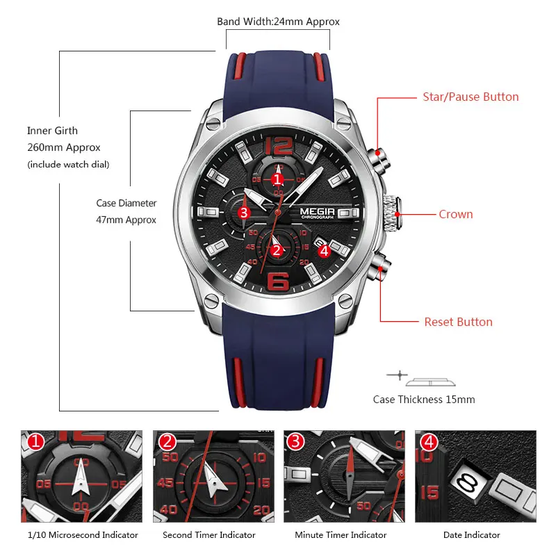 Orologio Uomo Megir Cronografo Analogico - Quadrante Nero, Cinturino In Pelle, Cassa In Acciaio Inox 41mm, Impermeabile 30M, Data E Lancette Luminescenti