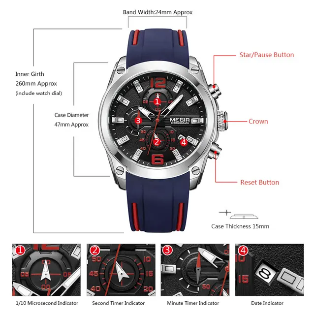 Megir Men's Chronograph Analog Quartz Watch with Date, Luminous Hands, Waterproof Silicone Rubber Strap Wristswatch for Man 4