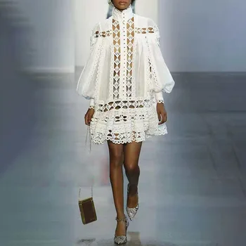 

Hot fashion lantern sleeves hollow out dress 2019 spring new stand collar loose dress G010