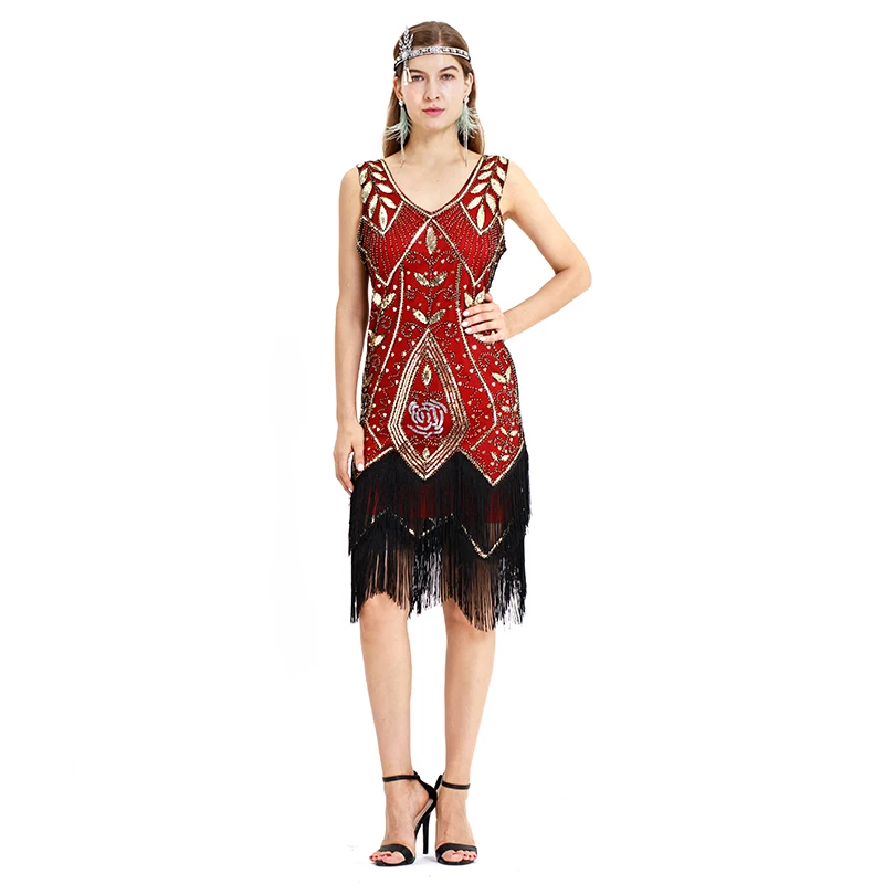 

Women 1920s Vintage Great Gatsby Dress Sequins Dress V-Neck Tassels Bodycon Beaded Party Dresses Flapper Dresses Art Deco Double