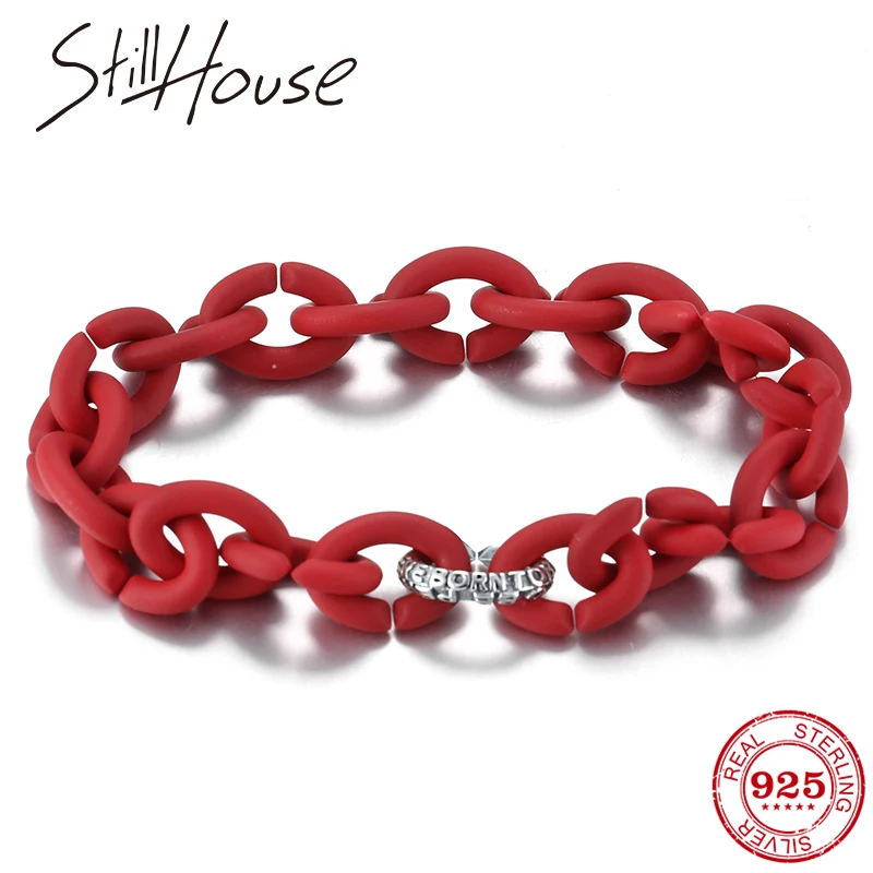 

Hot sale 925 Sterling Silver Real charm Red Hard Rubber Hand accessories for women man bracelets Hip hop style Jewelry