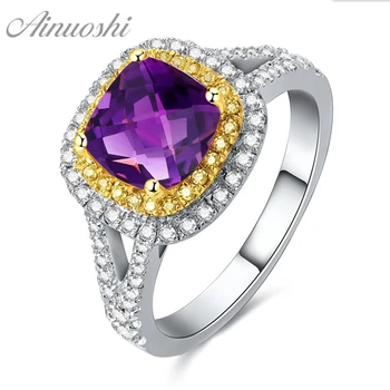 

AINUOSHI Natural Amethyst Square Ring 2.5ct Cushion Cut Gems Engagement Party Women Jewelry 925 Sterling Silver Yellow Halo Ring