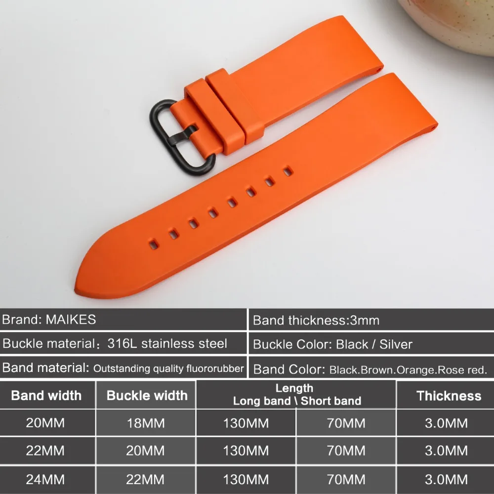 MAIKES Premium Orange Sport Rubber Watch Strap with Black Buckle