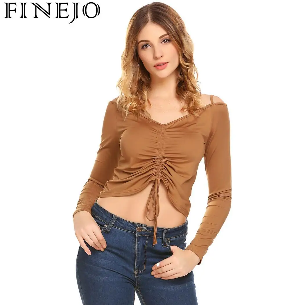 

Sexy Women Drawstring Ruched T shirt V Neck Slim Long Sleeve T-Shirt Summer Stretchy Shirt Crop Top Tee Solid Women Clothing