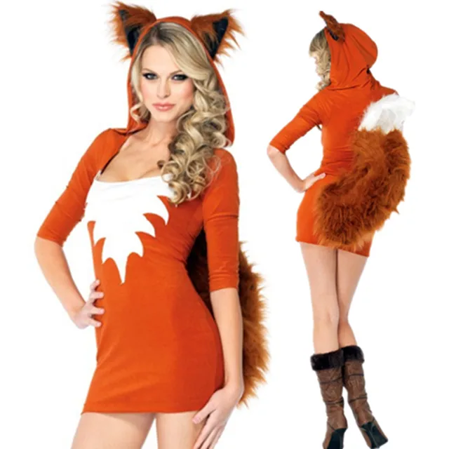 new adult sexy cute orange tail fox halloween animal women costumes slim bodycon dresses carnival party