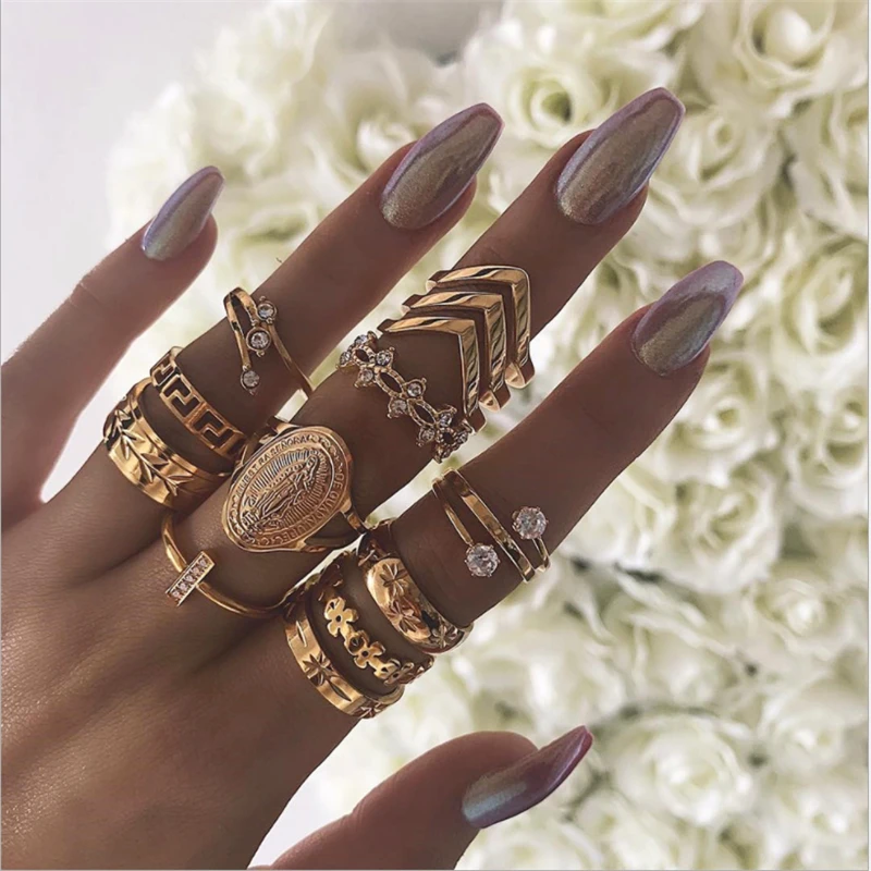 

Fashion Gold Color Carved Wave Crystal Rings Set for Women Alloy Geometric Knukle Rings Party Jewelry Anillo 13pcs/set A20204