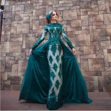 Мода арабское платье-Русалка на выпускной с расширенным съемным подолом, элегантное длинный рукав темно-зеленого цвета с аппликацией вечерние платье vestido de festa