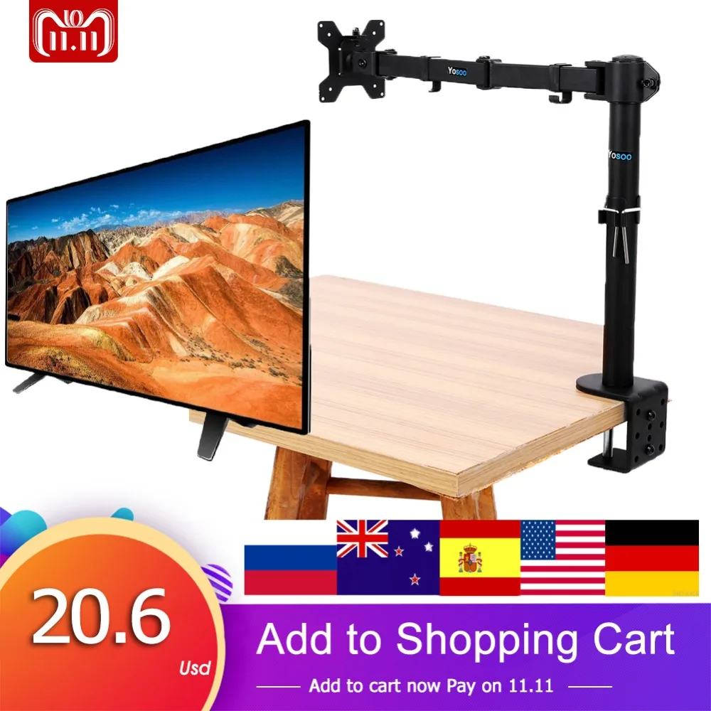 

13-27" Single Arm LCD Monitor Arm TV Stand Brackets Monitor Holder Desk Mount Stand Fully Adjustable 360 Degree Tilt Swivel New