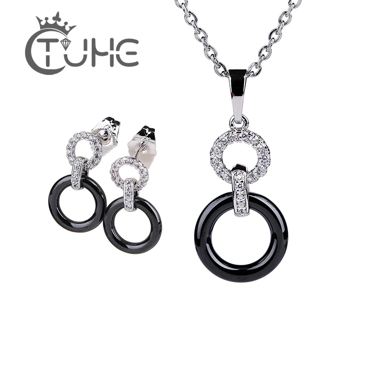 

Simple Design Double Big Small Circle Jewelry Set Crystal Circle Round Black Ceramic Pendant Necklace Stud Earrings For Women