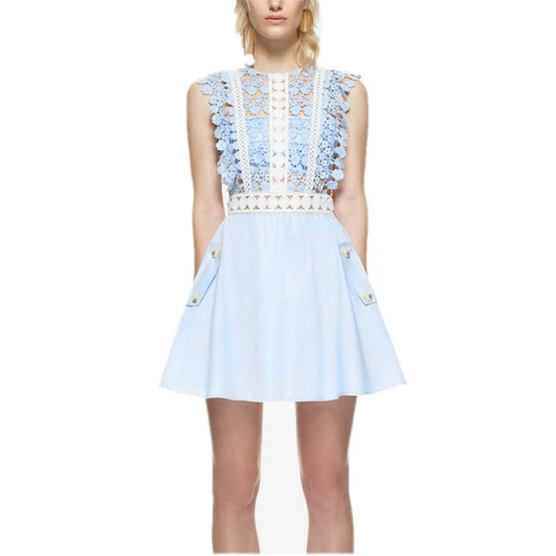 

2019 New Runway desgin Summer Women Self Portrait Sexy Lace dress Crochet Hollow Out Thin Slim White Blue Dresses Vestidos robe