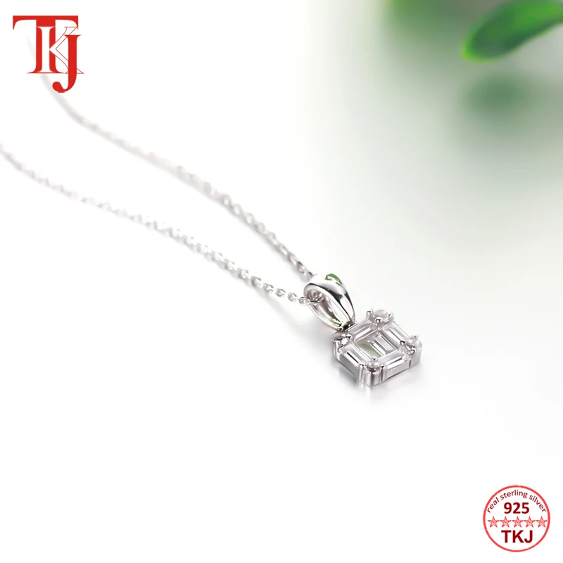 TKJ 925 Sterling Silver Pendant Square Baguette Pendant Daily Jewelry With Chian 40+5cm-2