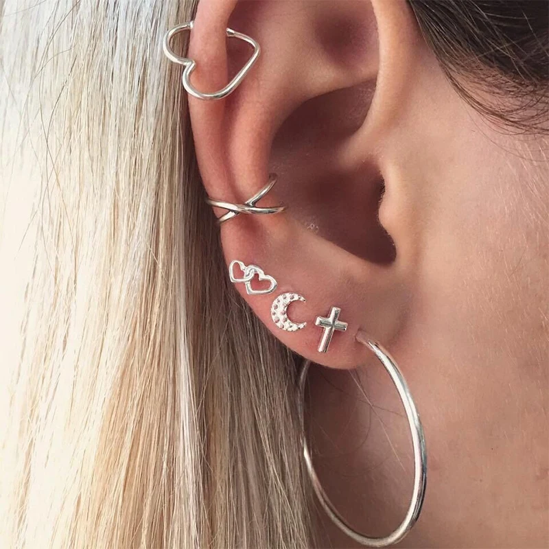 

Exaggerated street shot downstairs moon love cross ring earrings set earrings