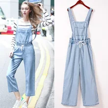 Женские весенние и летние джинсы на бретелях, повседневные джинсовые комбинезоны, свободные прямые джинсы большого размера